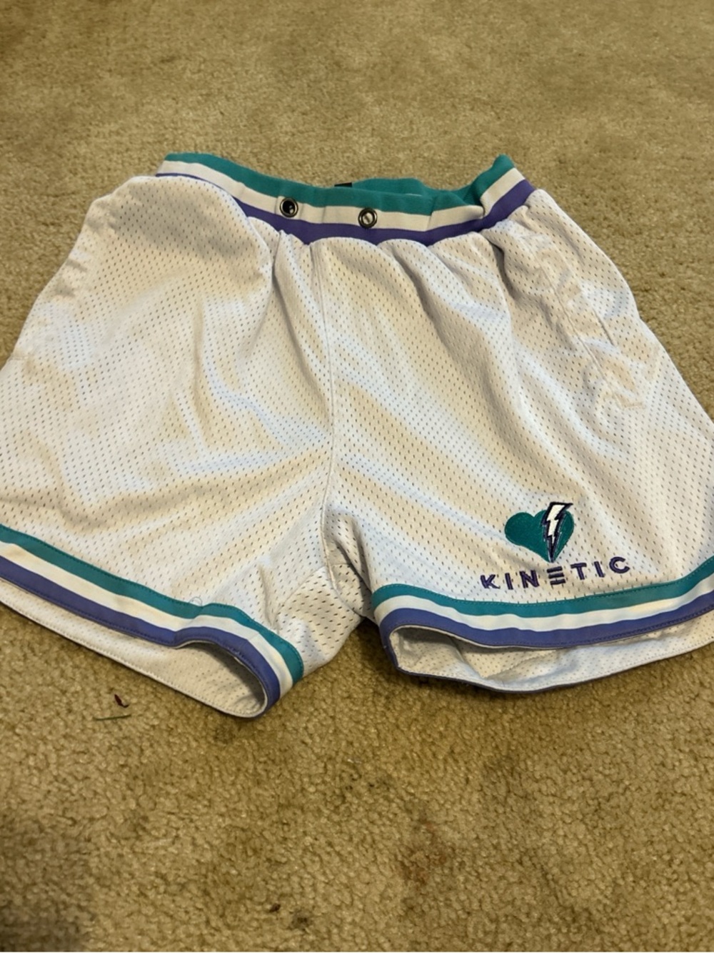 Men’s White Mesh Athletic Shorts with Teal & Purple Trim